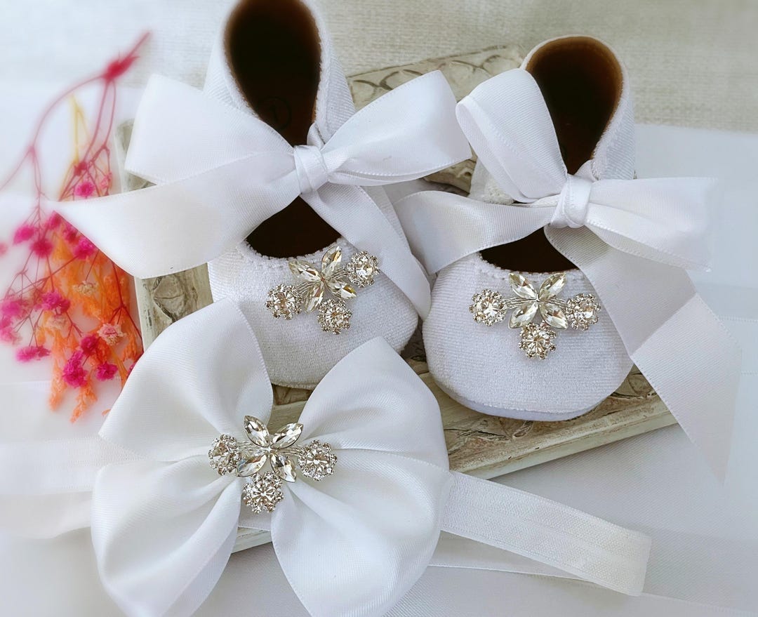 White Velvet Baby Shoes With Rhinestones and Bow Headband, Velvet ...