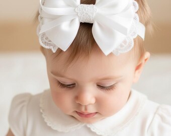 Lace Bow Christening Headband, Baby Flower Girl Hairband, Big Bow Hair Accessory