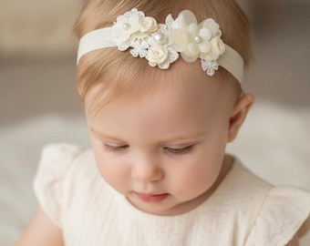 Ivory Lace Christening Headband with Daisies and Pearls