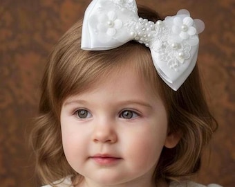 Off White Lace and Pearls Bow Clip, Christening Hair Bow, Holy Communion
