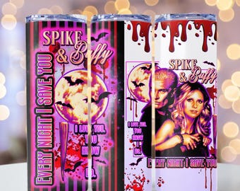 May include: Three stainless steel tumblers with a spooky theme. The tumblers feature the text "Spike & Buffy" and "Every Night I Save You". One tumbler has a moon and bats design, while another has a portrait of two people.