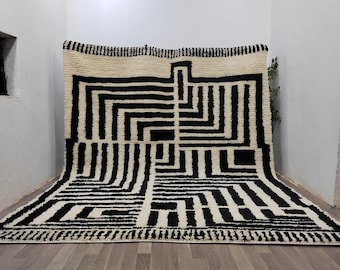 Custom Moroccan Rug, Black and White Rug, Squares on Shape ,Black and White Custom Rug, Black Rug for Living, Handmade Rug