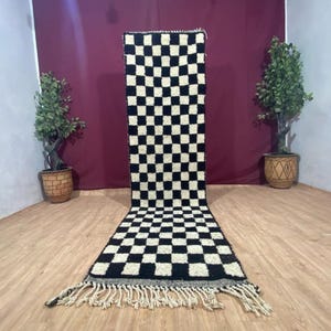 Moroccan rug runner - Checkered runner rug - Checkered rug - Moroccan checkered rug - Black and white berber rug - Hallway rug wool