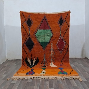 Unique Moroccan Orange Rug , Handmade Moroccan Rug, Authentic Berber Rug, Bohemian Style Rug For Living Room.