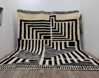 Handmade Black Rug, Custom Moroccan Rug, White And Black Rug, Abstract Morocco Rug, Berber Carpet, Goemetric Black Rug, Bohemian Rug