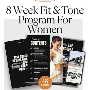 Może przedstawiać: Czarno-biała okładka ebooka z tytułem "8 Week Fit & Tone Program For Women" i spisem treści. Na okładce widnieje kobieta mierząca swój obwód talii taśmą mierniczą. Ebook ma 48 stron.
