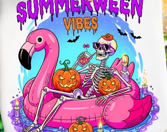Summerween Vibes PNG, flotteur squelette drôle Halloween en été png, sublimation tendance flamant rose fantasmagorique piscine citrouilles fantômes effrayant png