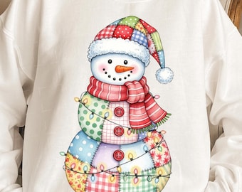 クリスマスパッチワークPNG、冬の雪だるまPNG、パッチワークスウェットシャツPNG、プレッピークリスマスPNG、雪だるまPNG、シャツ用クリスマスPNG