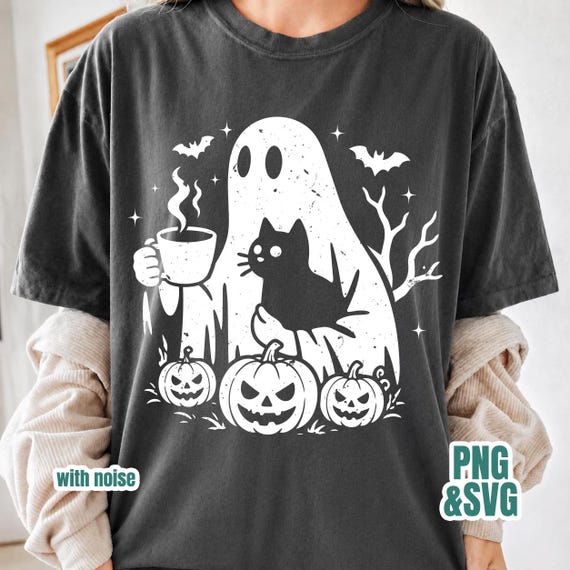 Cute Halloween Ghost Coffee PNG SVG, Funny Striped Halloween Black Cat Shirt PNG Print Ready Design, Halloween Svg Png