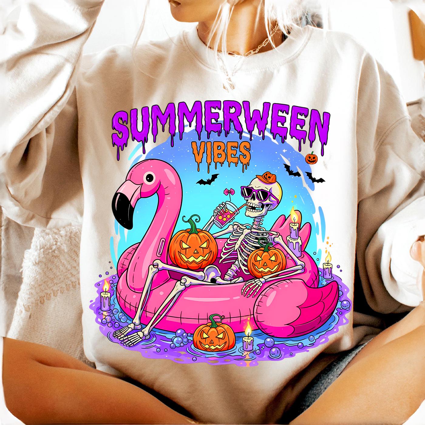 Summerween Vibes PNG, Funny Skeleton Float Halloween in Summer png, Trendy Sublimation Spooky Flamingo Pool Ghost Pumpkins Creepy png