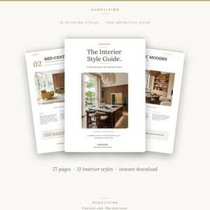 May include: A digital interior design guide titled The Interior Style Guide by AUROLIVING, featuring 12 defining styles across 27 pages. The cover displays a kitchen interior photograph, while side pages show mid-century and modern design examples.