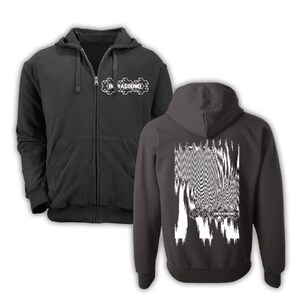 May include: A black zippered hoodie with a white graphic on the front that says "In Rasound" and a white graphic on the back that is a distorted pattern with the text "In Rasound" at the bottom.