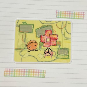 May include: A yellow and green digital art print featuring a cartoon character with a red flower and a pink chair.