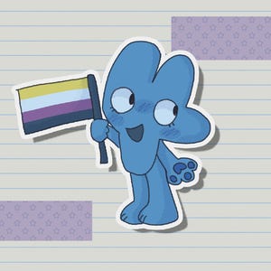 May include: A blue cartoon character shaped like the number four, holding a yellow, white, purple, and black flag. The character has a big smile and is wearing a blush.