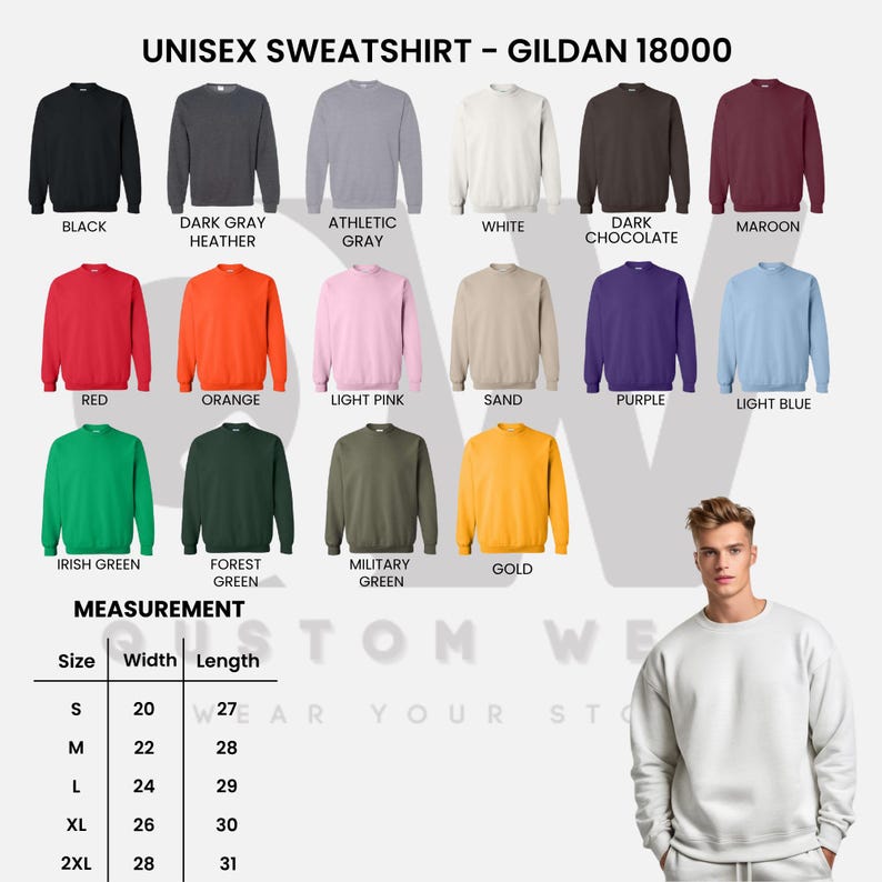 Puede incluir: Exhibici&oacute;n de sudaderas unisex Gildan 18000 en varios colores: negro, gris oscuro, gris deportivo, blanco, chocolate oscuro, granate, rojo, naranja, rosa claro, arena, morado, azul claro, verde irland&eacute;s, verde bosque, verde militar y dorado. Medidas en cm.