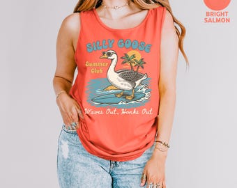Funny Summer Goose Comfort Colors® Tank Top, Silly Goose Club Tank Top, Waves Out Honks Out Graphic Tank Top, Retro Cute Surfing Beach Shirt