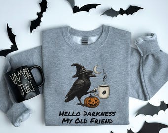 Raven Crow Hello Darkness Sweatshirt, Crow and Coffee Halloween Sweat, Raven and Coffee Cup Sweatshirt, Hello Darkness My Old Friend Hoodie