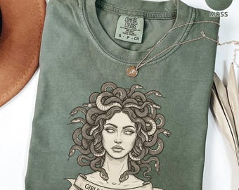 Camiseta Girls Will Be Girls Comfort Colors®, camiseta vintage de Medusa con cabeza, gráfico de dios griego, camiseta feminista, camiseta de igualdad de poder femenino