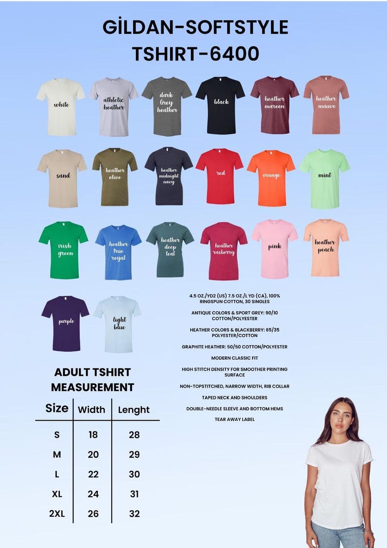 K&ouml;nnte beinhalten: Produktbild mit Gildan Softstyle T-Shirts, Modell 6400, in verschiedenen Farben. Eine Gr&ouml;&szlig;entabelle mit Ma&szlig;en in cm ist enthalten. Die T-Shirts bestehen aus 100 % Ringspun-Baumwolle und haben eine moderne, klassische Passform.