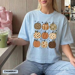 May include: A light blue short-sleeve t-shirt featuring a graphic print of nine pumpkins arranged in a grid. Each pumpkin displays a unique pattern, including leopard print, plaid, polka dots, floral motifs, and heart shapes in shades of orange and brown.