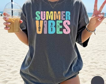 Summer Vibes Comfort Colors® Tshirt, Neon Trendy Summer Shirt, Summer Shirt, Distressed Beach Tee, Sunshine Shirt, 2025 Trendy Women's Shirt