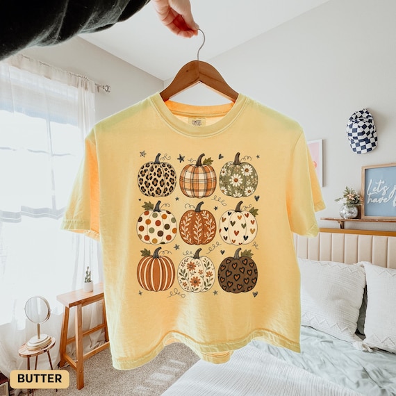 Boho Pumpkin Comfort Colors® Boxy Tee, Cute Fall Pumpkin Pattern Crop Top, Autumn Cottagecore Harvest Season Tee, Thanksgiving Shirt