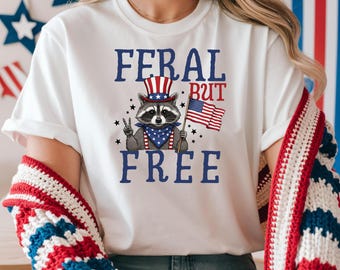Feral But Free Fourth of July Shirt, Funny 4th of July Kids Shirt, Patriotic Toddler Boy Tee, Independence Day Shirt, Funny Raccoon Boys Tee