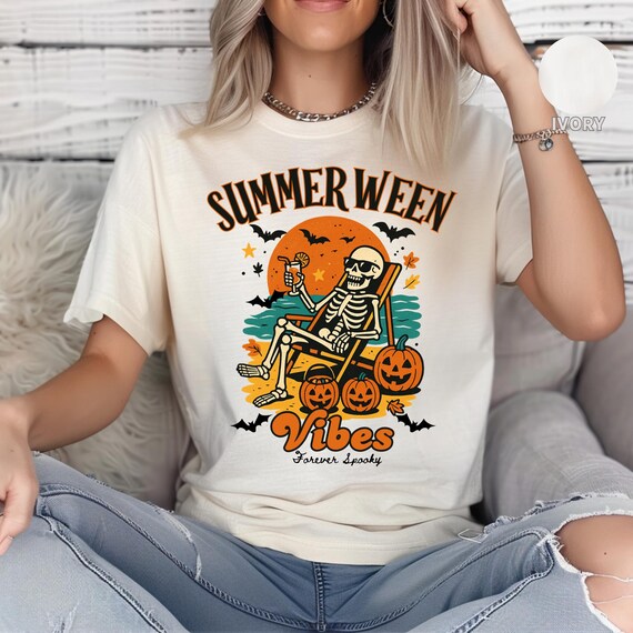 Summerween Skeleton Comfort Colors® Shirt, Spooky Summer Tee, Summer Halloween Shirt, Halloweener Gift, Forever Halloween, Beach Skelly