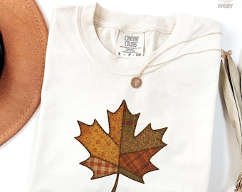 Camisa Retro Patchwork Otoño con Colores Cómodos®, Camisa con Hojas de Otoño, Camiseta con Hojas, Camisa de Otoño para Mujer, Regalo de Acción de Gracias para Ella, Camiseta Bonita de Otoño