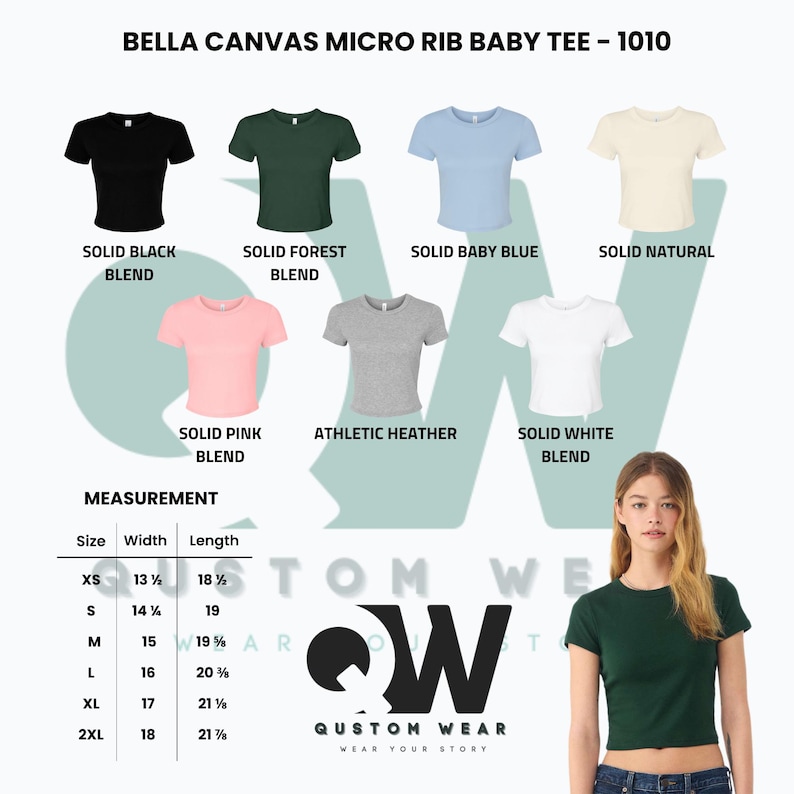 May include: A display of Bella Canvas Micro Rib Baby Tees in various colors, including black, forest green, baby blue, and pink. The image includes a size chart with measurements in inches and the text "BELLA CANVAS MICRO RIB BABY TEE - 1010".