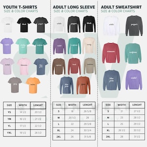 Puede incluir: Tablas de tallas y colores para camisetas para j&oacute;venes, camisas de manga larga para adultos y sudaderas para adultos. Las tablas muestran los diferentes tama&ntilde;os y las medidas de ancho y largo correspondientes en pulgadas.
