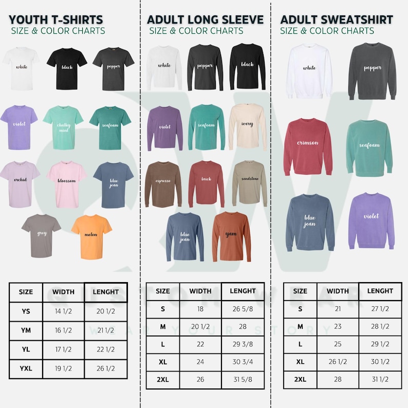 Puede incluir: Tablas de tallas y colores para camisetas para j&oacute;venes, camisas de manga larga para adultos y sudaderas para adultos. Las tablas muestran los diferentes tama&ntilde;os y las medidas de ancho y largo correspondientes en pulgadas.