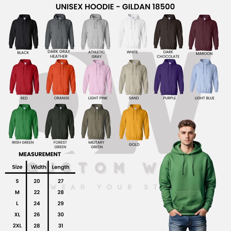 Puede incluir: Imagen de sudaderas con capucha unisex en varios colores, como negro, gris, rojo, naranja y verde. La imagen tambi&eacute;n muestra una tabla de tallas con medidas en cm para el ancho y el largo.
