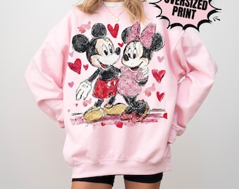 Retro Mickey Minnie Valentine Sweatshirt, Disney Valentines Oversized Print Sweater, Mickey Minnie Couple Hoodie, Disneyland WDW Lovers Gift