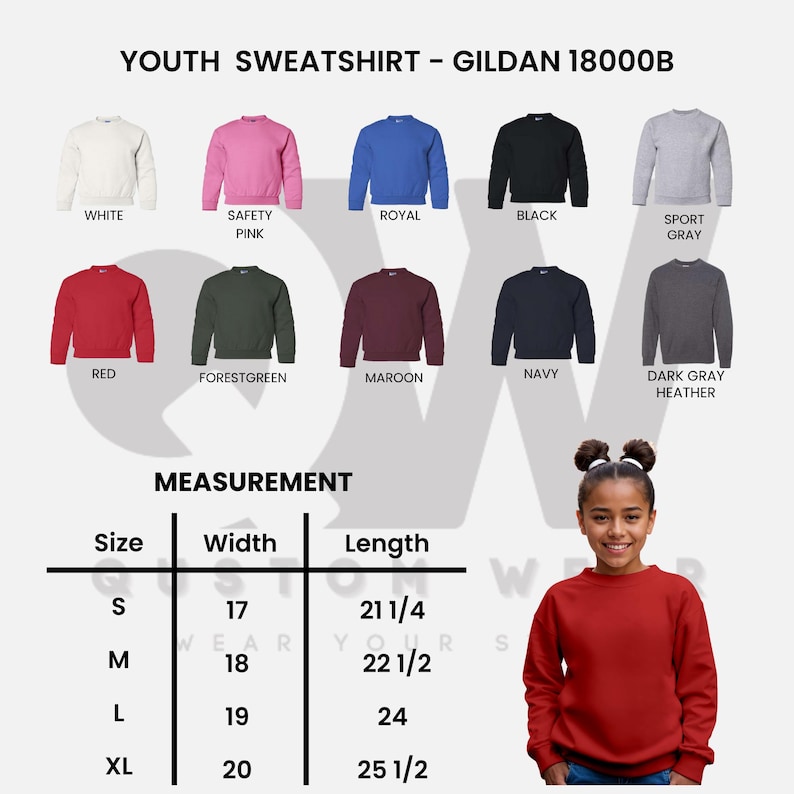 Puede incluir: Sudaderas juveniles en varios colores: blanco, rosa, azul real, negro, rojo, verde bosque, granate, azul marino y gris oscuro jaspeado. La imagen incluye una tabla de medidas con tallas S, M, L y XL, con medidas en cm.