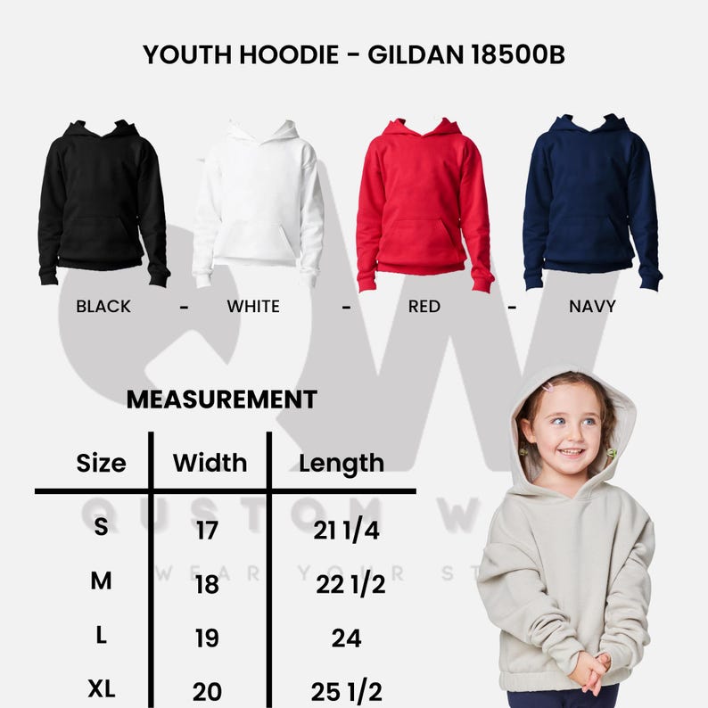 Puede incluir: Imagen de cuatro sudaderas con capucha para j&oacute;venes en negro, blanco, rojo y azul marino. Una tabla de medidas muestra las tallas S, M, L y XL, con sus anchos y largos en pulgadas. El texto "YOUTH HOODIE - GILDAN 18500B" est&aacute; en la parte superior.
