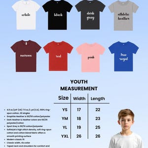 K&ouml;nnte beinhalten: Pr&auml;sentation von Jugend-T-Shirts in verschiedenen Farben, darunter Wei&szlig;, Schwarz und Pink. Das Bild enth&auml;lt eine Gr&ouml;&szlig;entabelle mit Ma&szlig;en in cm und Details zu Stoff und Verarbeitung. Der Text "GILDAN - YOUTH T-SHIRT - 64000B" steht oben.