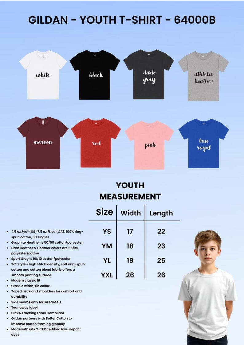 K&ouml;nnte beinhalten: Pr&auml;sentation von Jugend-T-Shirts in verschiedenen Farben, darunter Wei&szlig;, Schwarz und Pink. Das Bild enth&auml;lt eine Gr&ouml;&szlig;entabelle mit Ma&szlig;en in cm und Details zu Stoff und Verarbeitung. Der Text "GILDAN - YOUTH T-SHIRT - 64000B" steht oben.