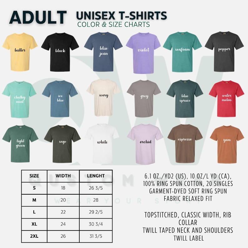 Puede incluir: Tabla de tallas de camiseta unisex con opciones de color. La tabla muestra las tallas de la S a la 2XL con las medidas de ancho y largo correspondientes en pulgadas. La tabla tambi&eacute;n incluye una descripci&oacute;n del tejido y los detalles de construcci&oacute;n.