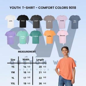 May include: A youth t-shirt in melon color, part of the Comfort Colors 9018 collection. The image displays various t-shirt colors, including white, black, and blue jean, with size and measurement details. A young person is wearing the melon-colored shirt.