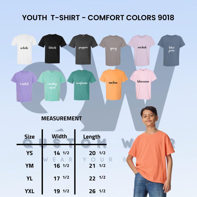 May include: A youth t-shirt in melon color, part of the Comfort Colors 9018 collection. The image displays various t-shirt colors, including white, black, and blue jean, with size and measurement details. A young person is wearing the melon-colored shirt.