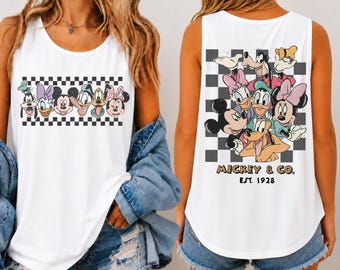 Mickey & Friends Comfort Colors® Tank Top, Kariertes Retro Disney 2 Seiten Bedrucken T-Shirt, Disney Charakter Familien Reise Shirt, Disneyworld Tee