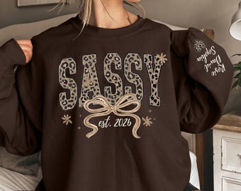 Custom Leopard Sassy Sweatshirt With Kid Name On Sleeve, Personalized Sassy Sweater, Mother's Day Gift for Sassy, Sassy Est 2026 Sweatshirt