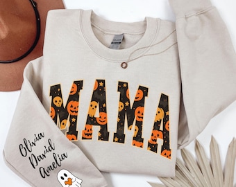 Custom Halloween Mama Sweatshirt, Mom Shirt With Kids Names on Sleeve, Halloween Mama Tee, Gift For Spooky Mama, Halloween Children Name Tee