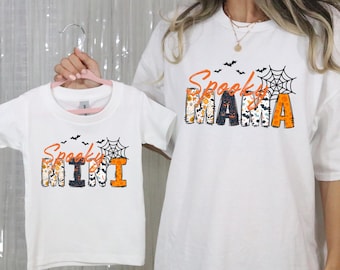 Spooky Mama Spooky Mini bijpassende Halloween-shirts, moeder en dochter Ghost-T-shirt, leuk Halloween-familieshirt, Fall Vibes-T-shirt, Mommy and Me-T-shirt