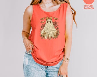 Cute Lace Ghost Comfort Colors® Tank Top, Boo in Boojee Halloween Shirt, Ghost with Bow Tee, Boo Lace Halloween T-Shirt, Cute Ghost Fall Tee