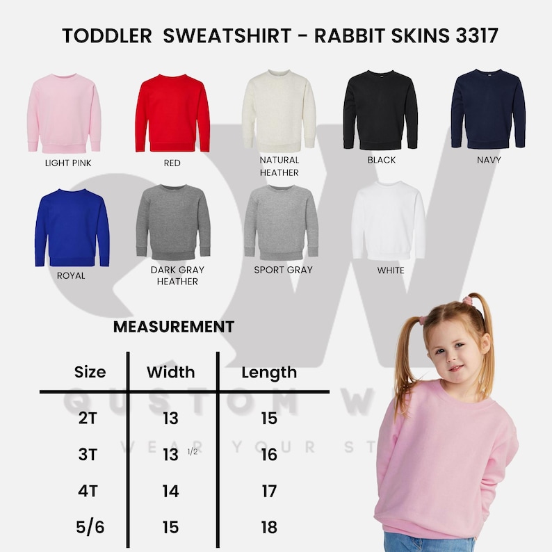 Puede incluir: Una selecci&oacute;n de sudaderas para ni&ntilde;os peque&ntilde;os en varios colores, incluyendo rosa claro, rojo y azul marino. La imagen muestra el estilo Rabbit Skins 3317, con una tabla de medidas que muestra las tallas de 2T a 5/6. Las sudaderas se muestran en varios colores.
