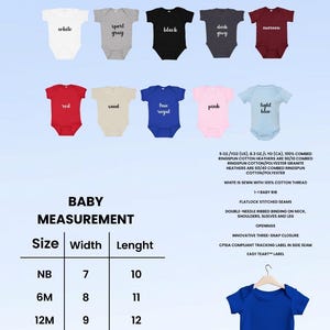 K&ouml;nnte beinhalten: Baby-Rib-Bodysuits in verschiedenen Farben, darunter Wei&szlig;, Grau, Schwarz und Rot. Das Bild zeigt eine Gr&ouml;&szlig;entabelle mit Ma&szlig;en in Zentimetern f&uuml;r verschiedene Gr&ouml;&szlig;en, von Neugeborenen bis 24 Monaten.