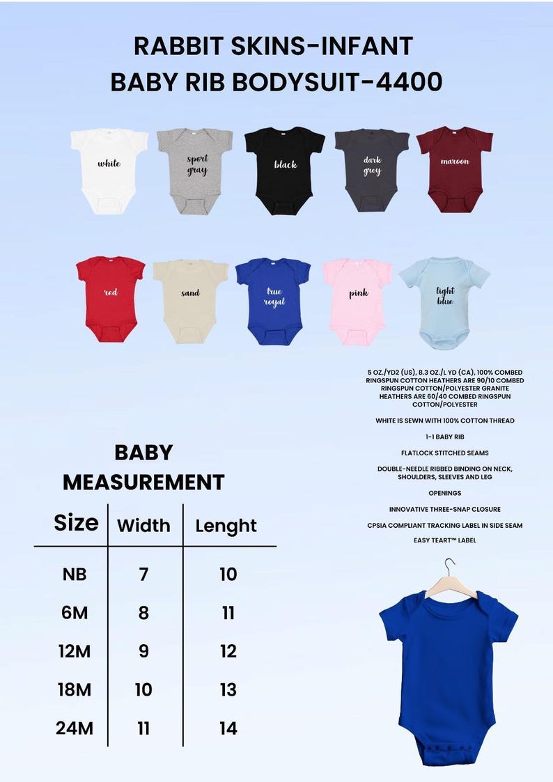 K&ouml;nnte beinhalten: Baby-Rib-Bodysuits in verschiedenen Farben, darunter Wei&szlig;, Grau, Schwarz und Rot. Das Bild zeigt eine Gr&ouml;&szlig;entabelle mit Ma&szlig;en in Zentimetern f&uuml;r verschiedene Gr&ouml;&szlig;en, von Neugeborenen bis 24 Monaten.