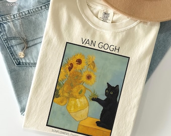 Van Gogh Cat Comfort Colors® Shirt, Van Gogh Irises Cat Tshirt, Sunflower Black Cat tee, Funny Cat shirt, Ladies Shirts, Funny gift idea